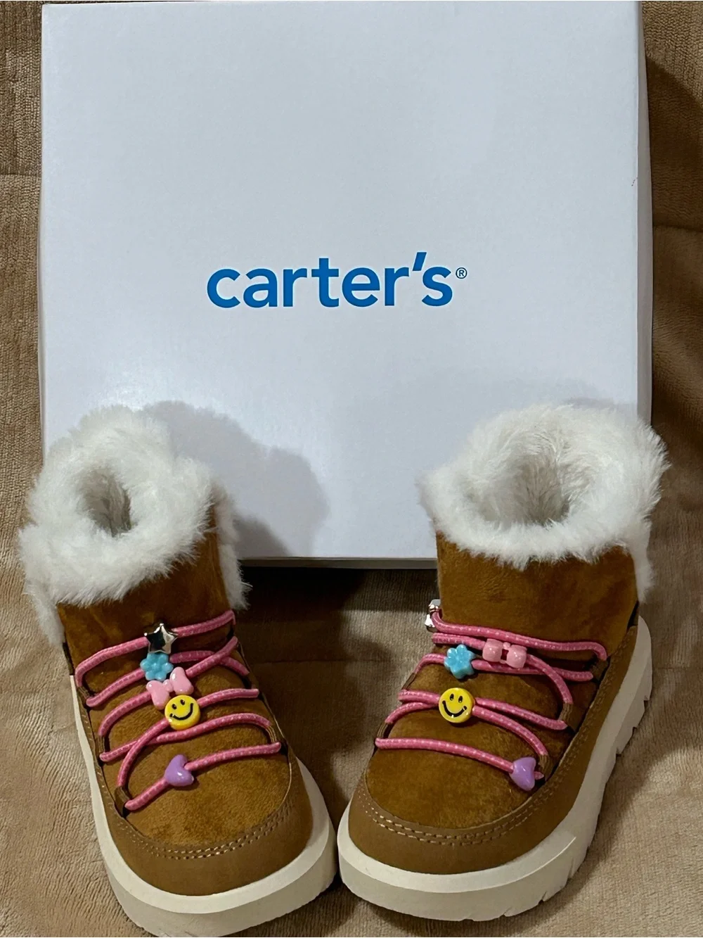 Carter's Brown Faux-Shearling Kids Boots with Pink Laces and Bead Charms